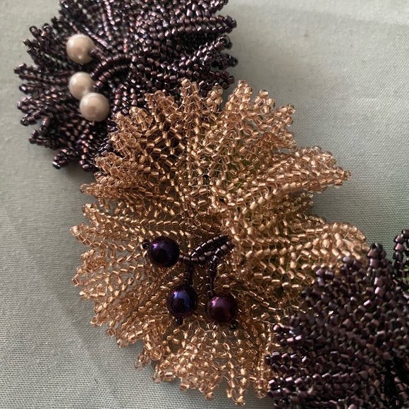 Vintage Artisan 14” Choker Necklace Beaded 2” Flowers On Multistrand Rope - Picture 4 of 5